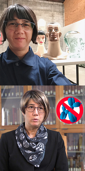 two pictures of Kathy Aoki, in the studio at Recology SF and in character as curator of the Museum of Historical Makeovers