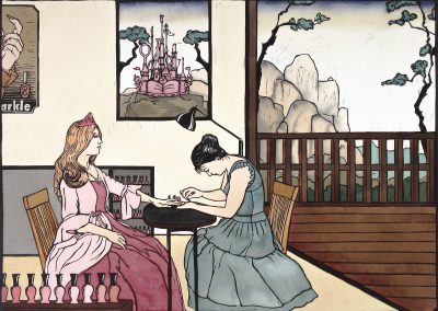 At the Manicurist, lino relief print with watercolor, 16 x 22 inches, 2013 by Kathy Aoki
